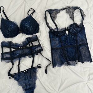 Victoria's Secret Fashion Show Metallic Chantilly Blue Lace Bra Set